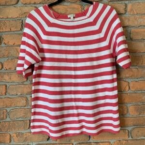 Talbots Cotton Striped Half Sleeve Crew Pullover Sweater Pink White -‎  L Petite